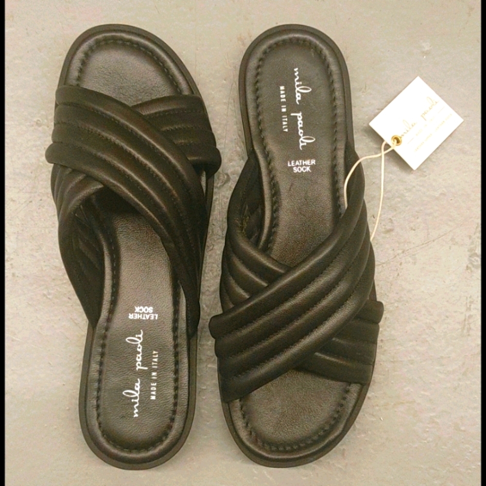 NWT black triple leather "sock" Slides sandals